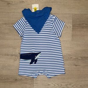 Blue Striped Whale Romper Bodysuit with Bandana Bib